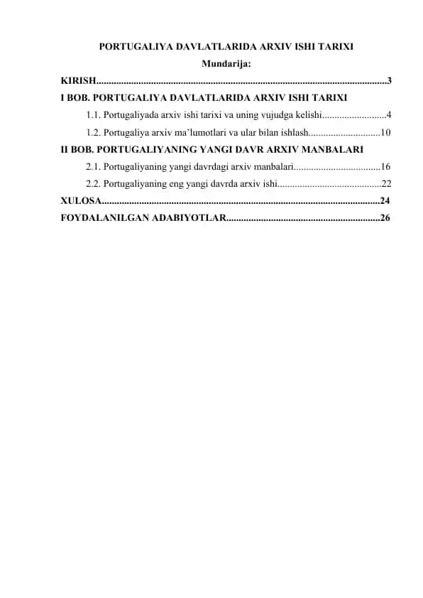 PORTUGALIYA DAVLATLARIDA ARXIV ISHI TARIXI