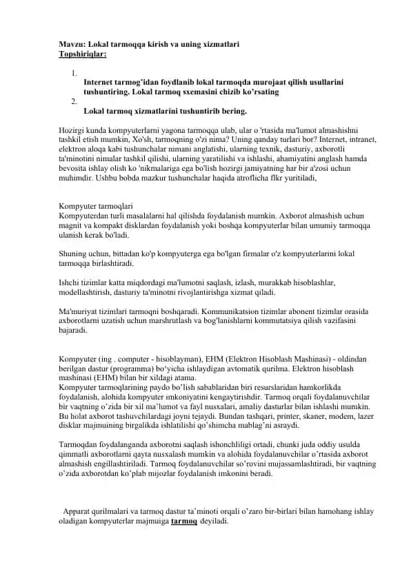 Lokal tarmoqqa kirish va uning xizmatlari