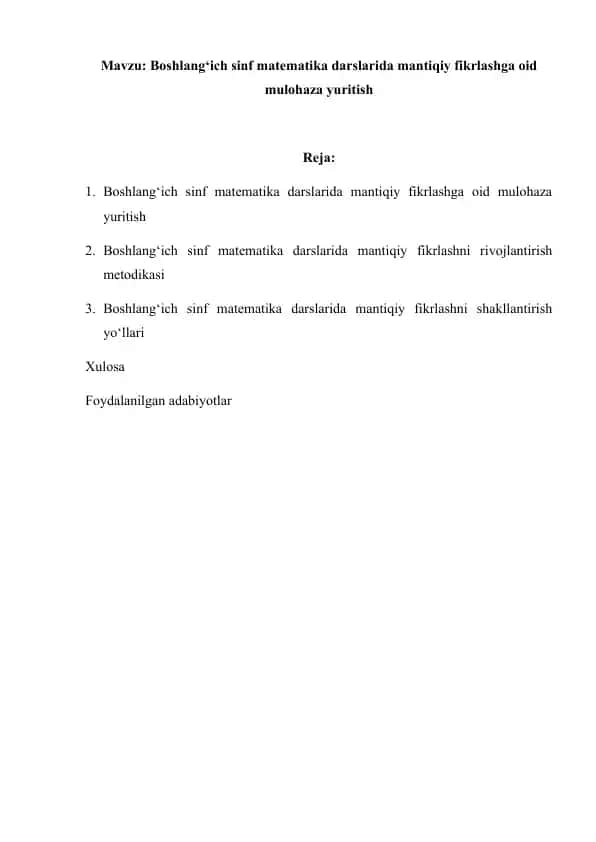 Boshlang‘ich sinf matematika darslarida mantiqiy fikrlashga oid mulohaza yuritish