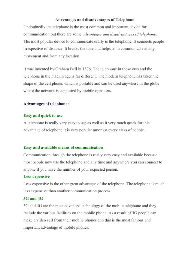 Adventages and disadventages of Telephone