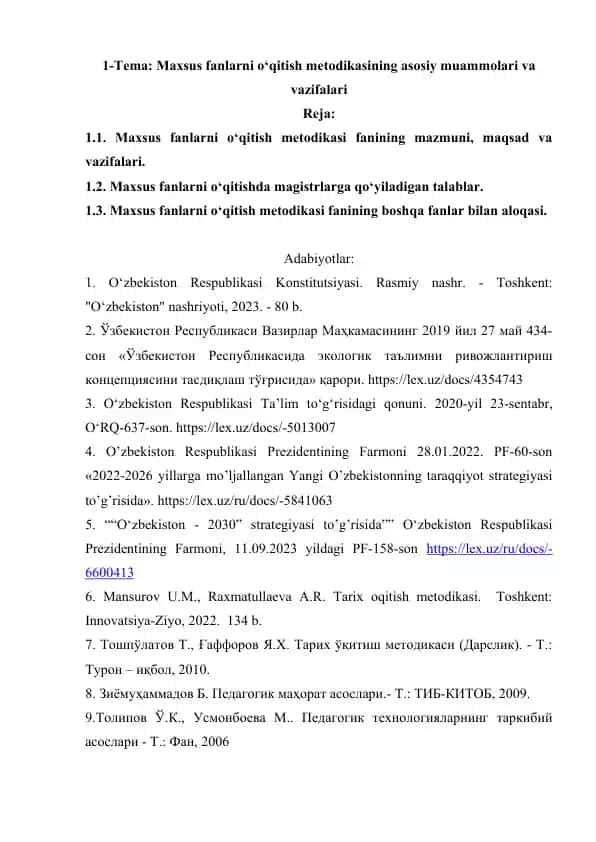 Maxsus fanlarni o‘qitish metodikasining asosiy muammolari va vazifalari