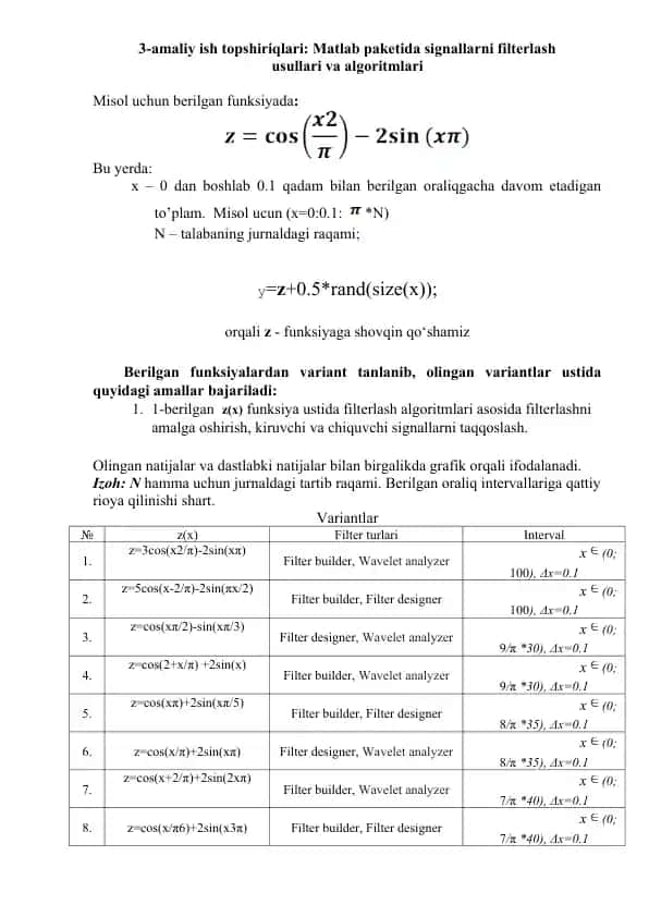 Matlab paketida signallarni filterlash usullari va algoritmlari