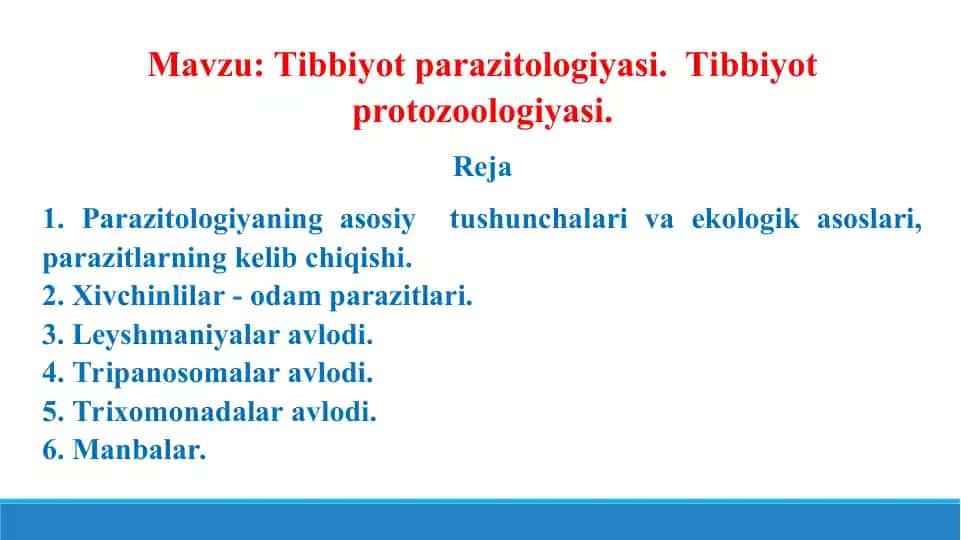 Tibbiyot parazitologiyasi. Tibbiyot protozoologiyasi. Taqdimot 14 sahifa.