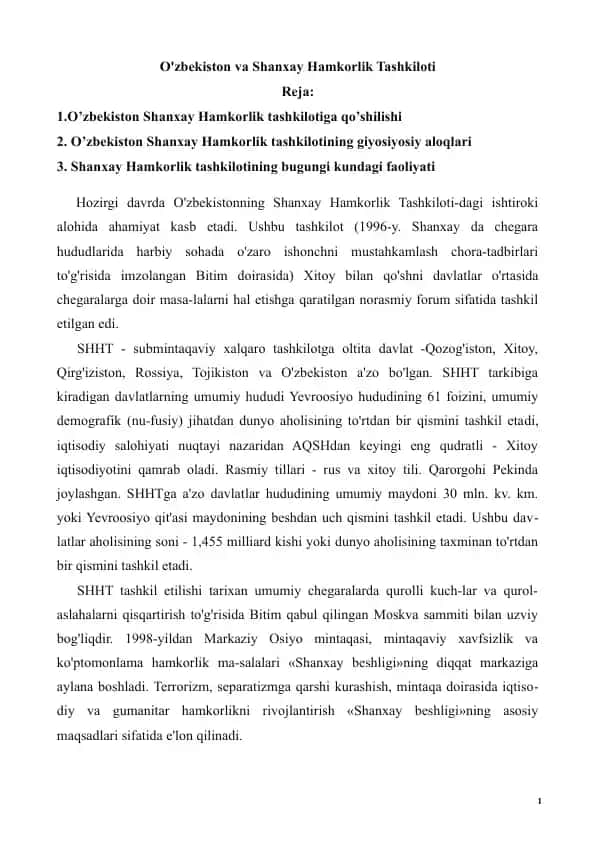 O'zbekiston va Shanxay Hamkorlik Tashkiloti