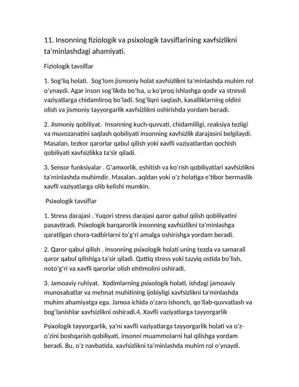 Insonning fiziologik va psixologik tavsiflarining xavfsizlikni ta’minlashdagi ahamiyati