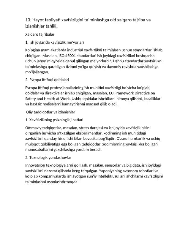 Hayot faoliyati xavfsizligini ta’minlashga oid xalqaro tajriba va izlanishlar tahlili.