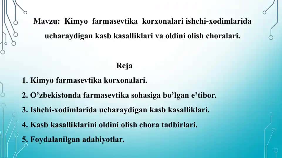 Kimyo farmasevtika korxonalari ishchi-xodimlarida uchraydigan kasb kasalliklari va oldini olish choralari. Taqdimot 12 bet.