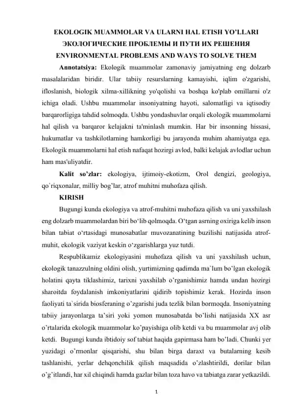Ekologik muammolar va ularni hal etish yo'llari