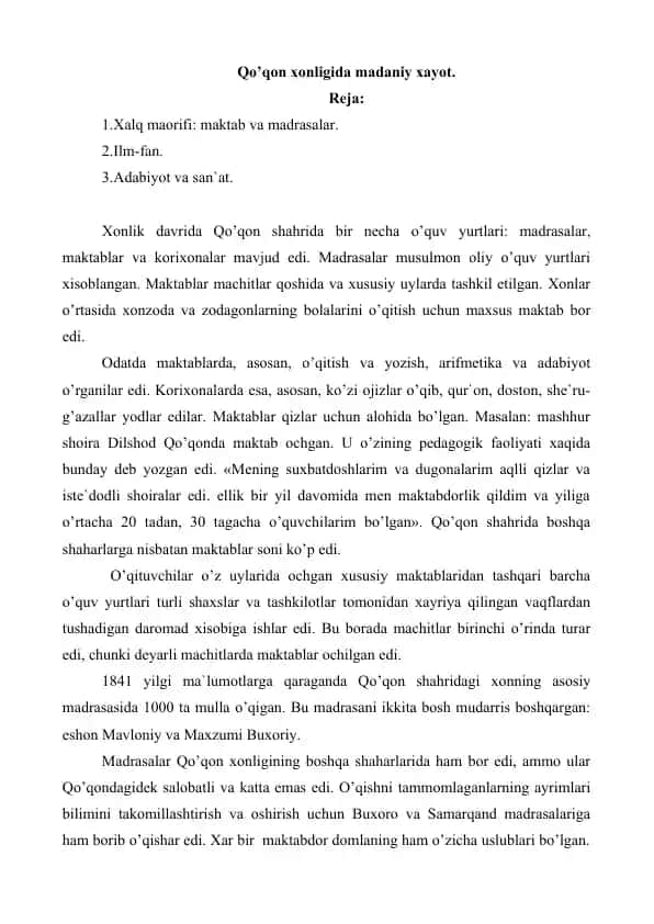 Qo’qon xonligida madaniy xayot