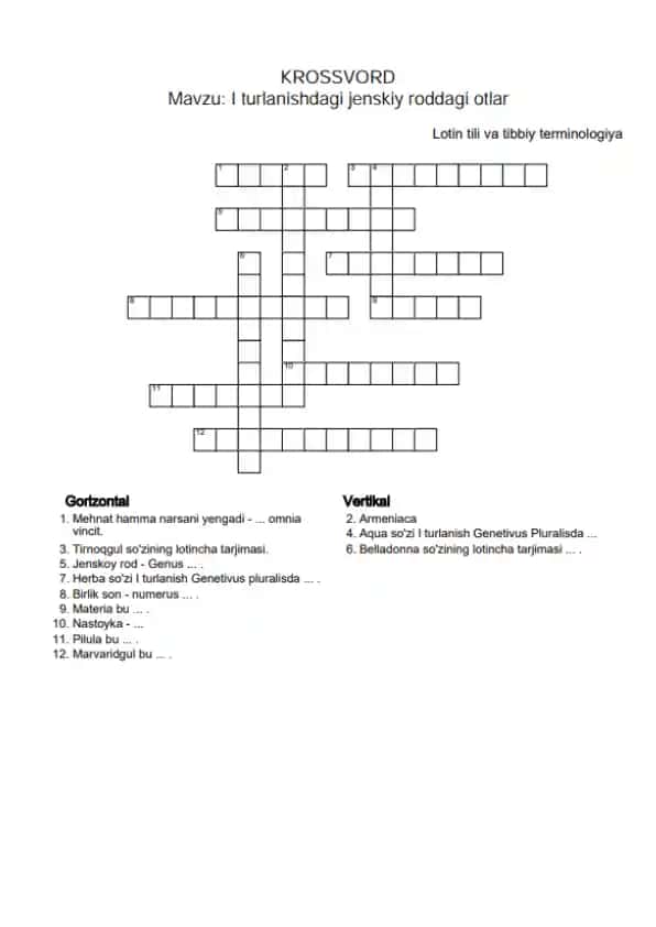 1. I turlanishdagi jenskiy roddagi otlar. Krossword 12 ta savolli, javoblari bilan.