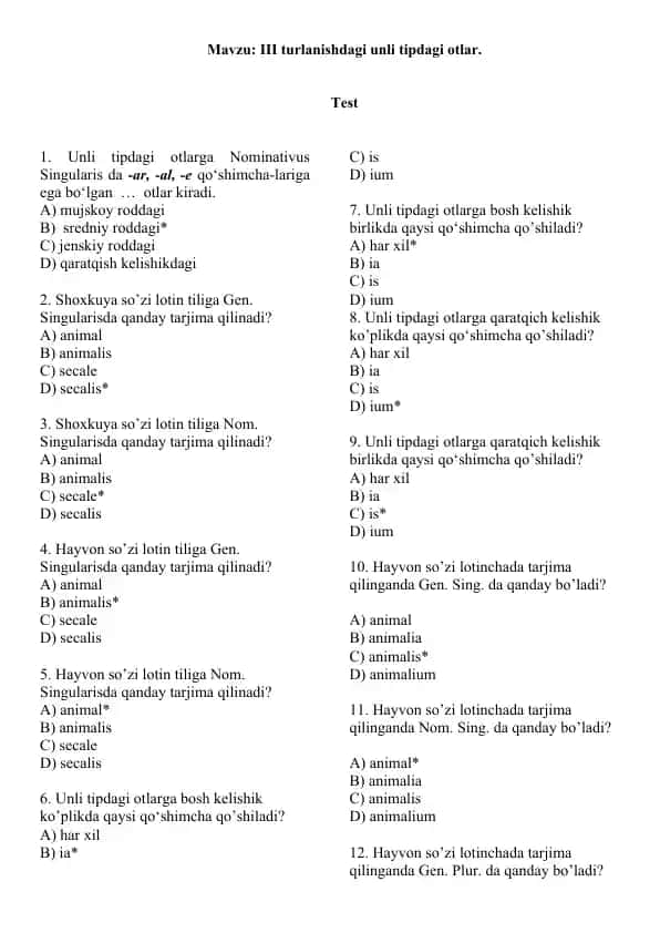 8. III turlanishdagi unli tipdagi otlar. Test 12 ta, javobli.