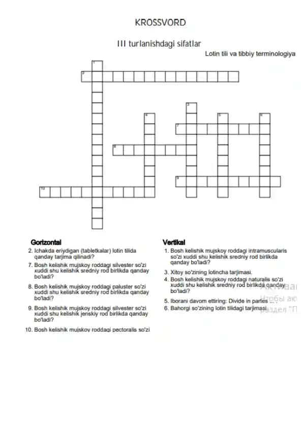 10. III turlanishdagi sifatlar. Krossword, 10 ta savolli, javoblari bilan.