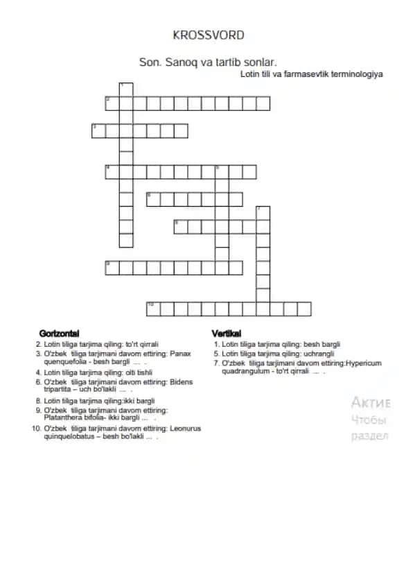 14. Son.Sanoq va tartib sonlar. Krossword, 10 ta savolli, javoblari bilan.