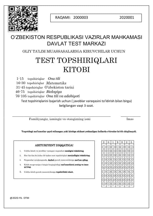 O'zbekiston Respublikasi Vazirlar Mahkamasi Davlat Test Markazi Oliy Ta'lil Muassasalariga Kiruvchilar Uchun Test Topshiriqlari Kitobi