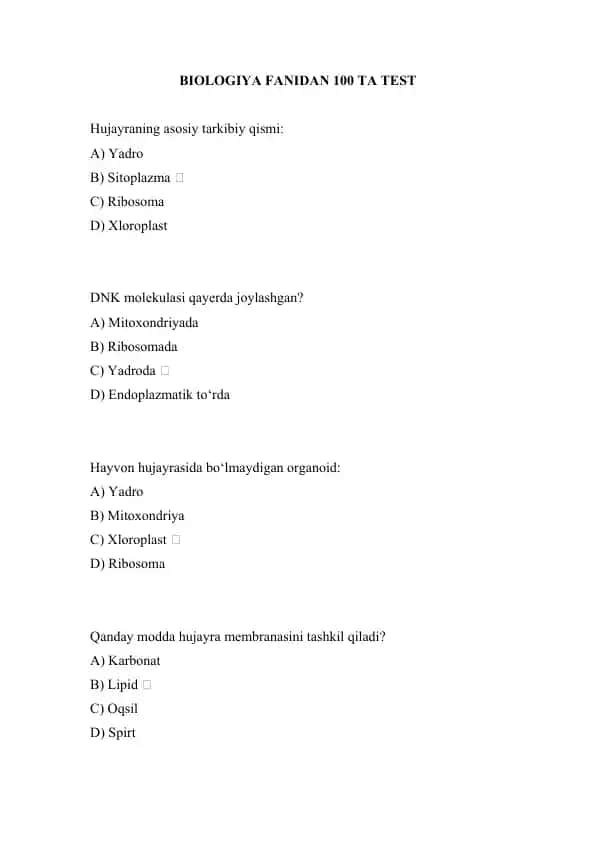 BIOLOGIYA FANIDAN 100 TA TEST biologiya mavzusida 100 ta test savollari va javoblari bilimni sinash uchun biologiya test