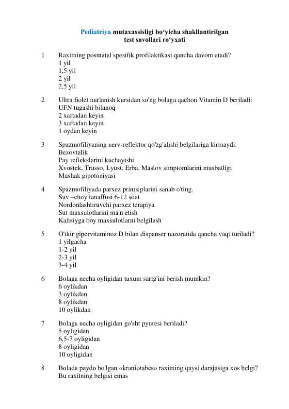Pediatriya dan Argos testlari