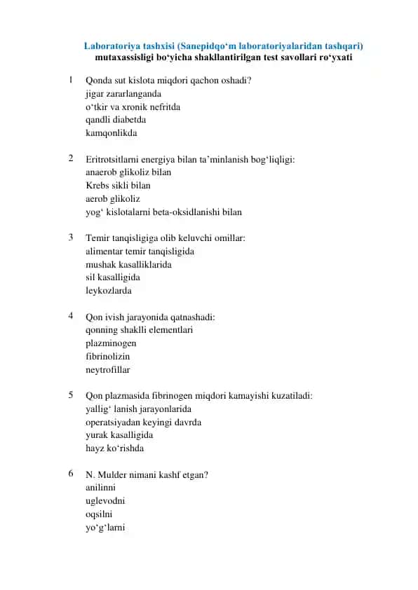 Laboratoriya tashxisi (Sanepidqoʻm laboratoriyalaridan tashqari) mutaxassisligi boʻyicha shakllantirilgan test savollari roʻyxati