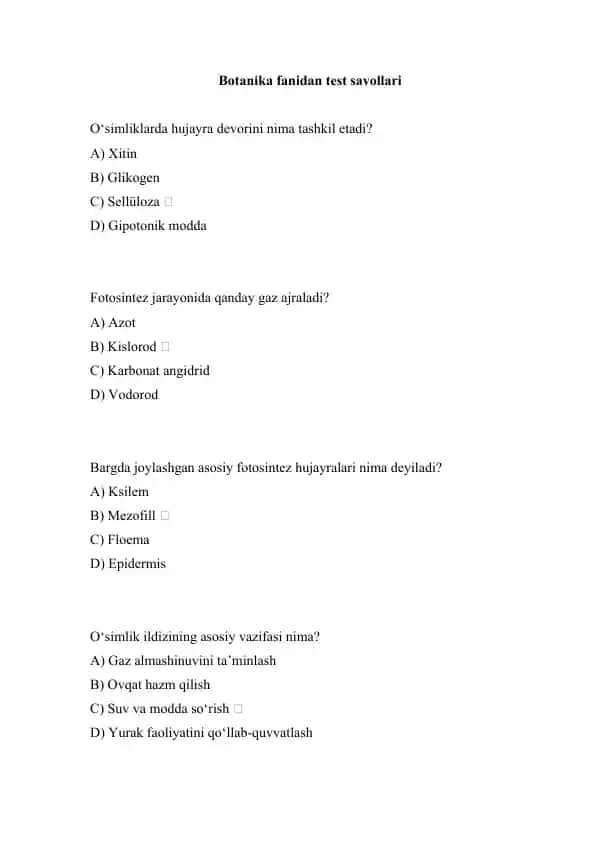 Botanika fanidan test savollari