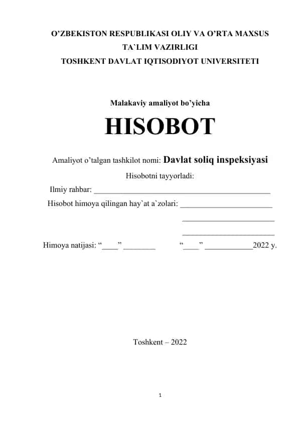 Davlat soliq inspeksiyasida amaliyot hisoboti