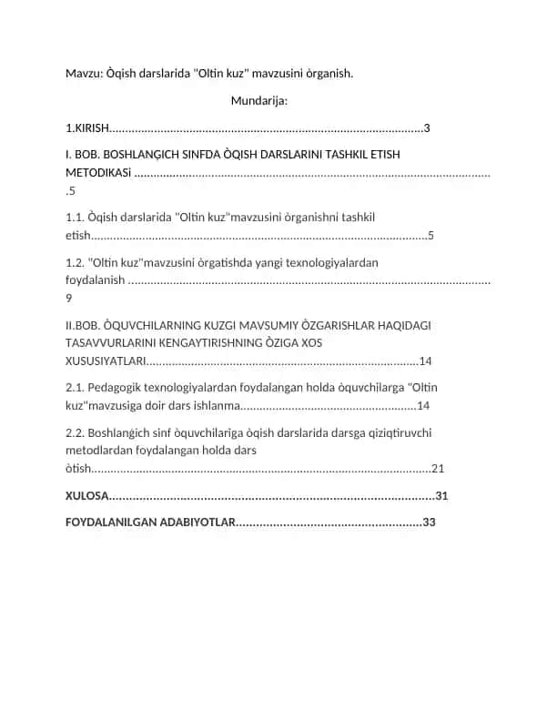 Òqish darslarida "Oltin kuz" mavzusini òrganish