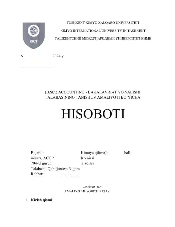AMALIYOT HISOBOTI. 1 Tashkilot nomi "GIGANT BUXGALTER" MCHJ