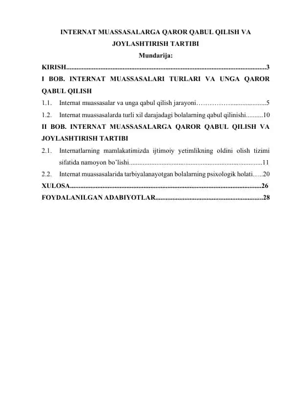 Internat muassasalarga qaror qabul qilish va joylashtirish tartibi