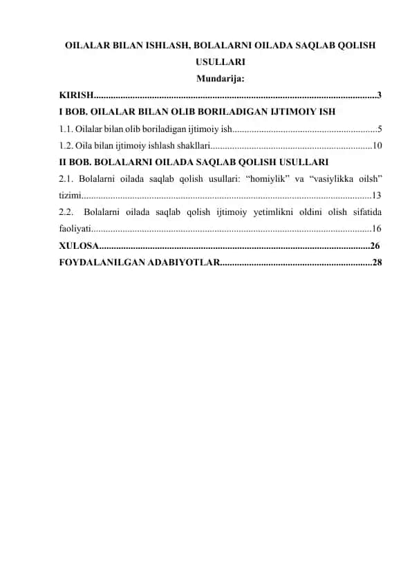 Oilalar bilan ishlash, bolalarni oilada saqlab qolish usullari