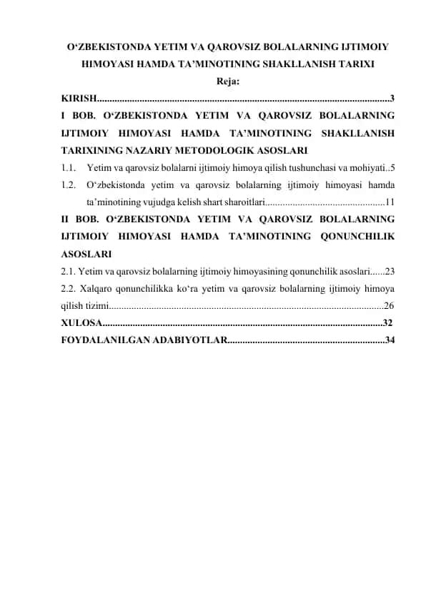 O‘zbekiston Respublikasida yetim va qarovsiz bolalarning ijtimoiy himoyasi va ta’minoti tarixi hamda qonunlardagi asoslari