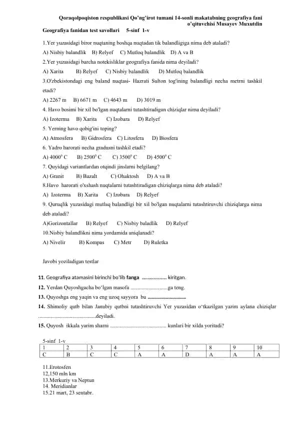 Geografiyadan testlar