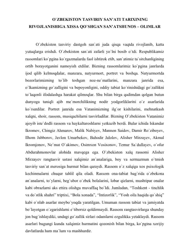 O'ZBEKISTON TASVIRIY SAN'ATI TARIXINING RIVOJLANISHIGA HISA QO'SHISH