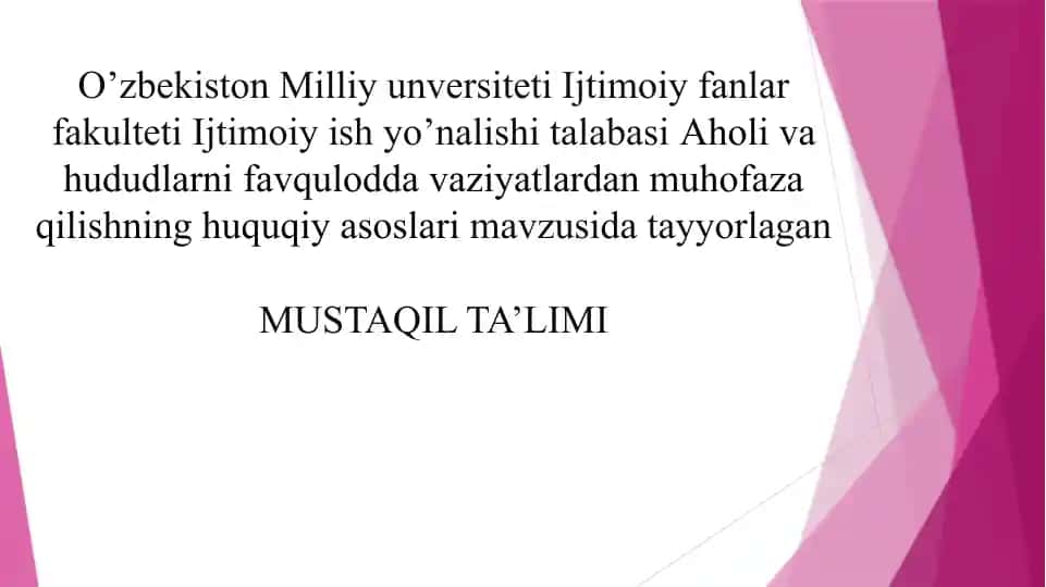 Aholi va hududlarni favqulodda vaziyatlardan muhofaza qilishning huquqiy asoslari