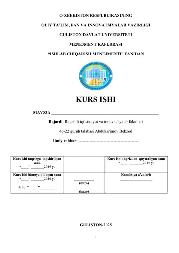 Kurs ishi "Ishlab chiqarish menejmenti"