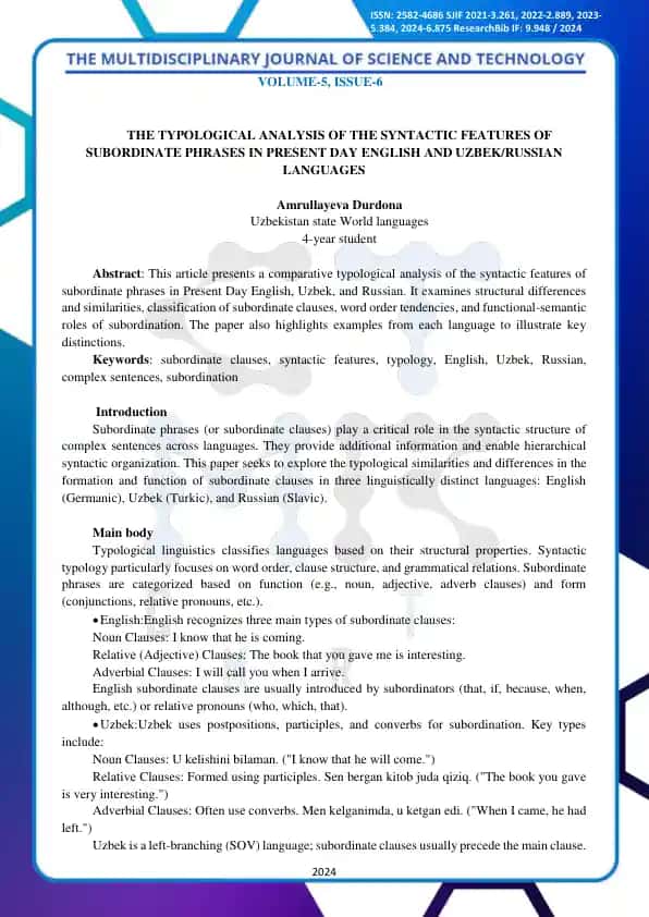 The Typological Analysis of the Syntactic Features of Subordinate Phrases in Present Day English and Uzbek/Russian Languages