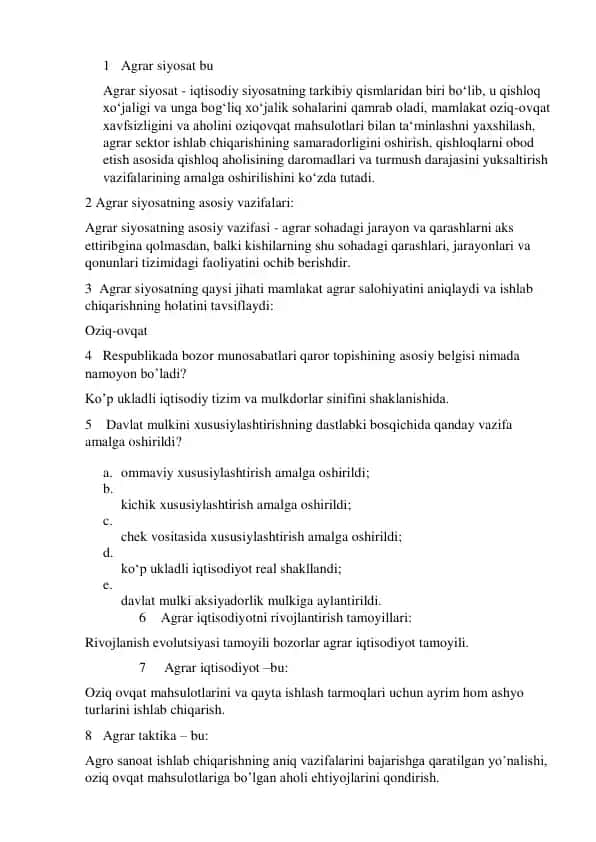 Agrar siyosat va oziq-ovqat xavfsizligi fanidan 100 ta test javoblari