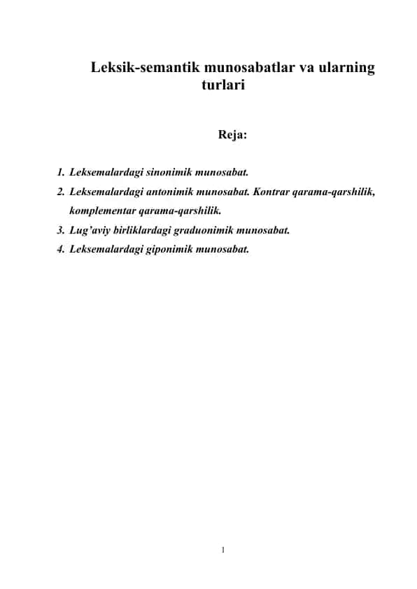 Leksik-semantik munosabatlar va ularning turlari