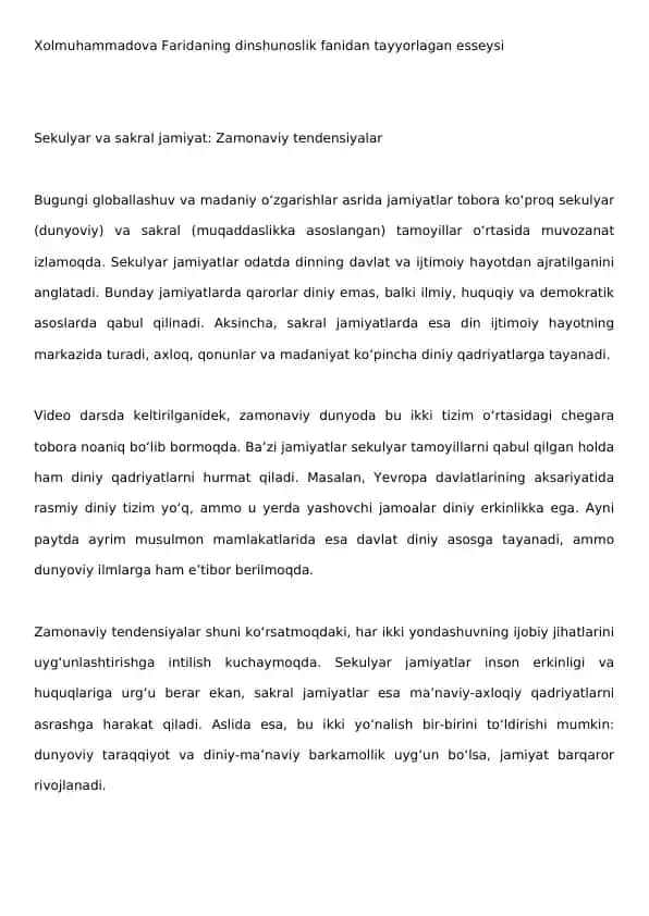 Xolmuhammadova Faridaning dinshunoslik fanidan tayyorlagan esseysi