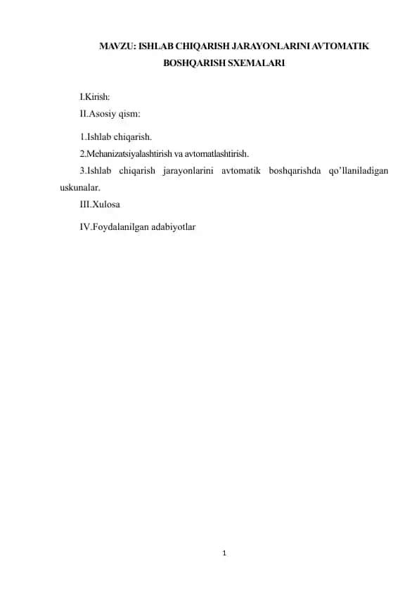 ISHLAB CHIQARISH JARAYONLARINI AVTOMATIK BOSHQARISH SXEMALARI