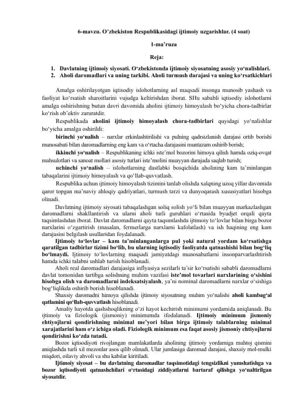 O’zbekiston Respublikasidagi ijtimoiy uzgarishlar