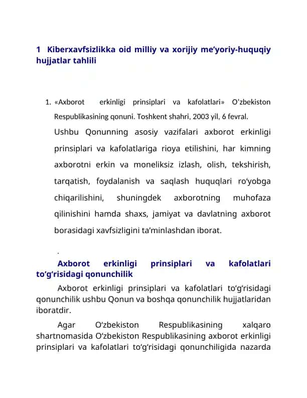 Kiberxavfsizlikka oid milliy va xorijiy me’yoriy-huquqiy hujjatlar tahlili