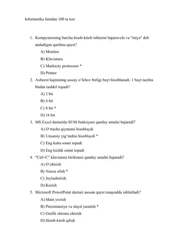Informatika fanidan 101 ta test
