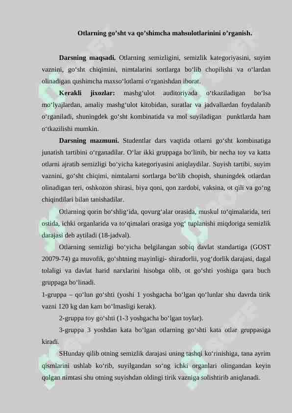 Otlarning go’sht va qo’shimcha mahsulotlarinini o’rganish