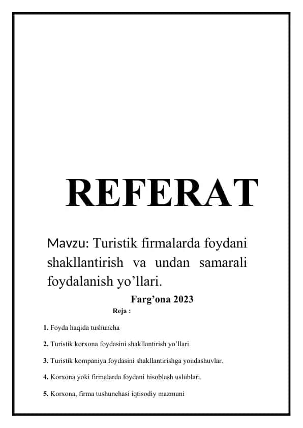 Turistik firmalarda foydani shakllantirish va undan samarali foydalanish yo’llari