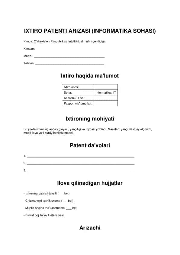 IXTIRO PATENTI ARIZASI (INFORMATIKA SOHASI)
