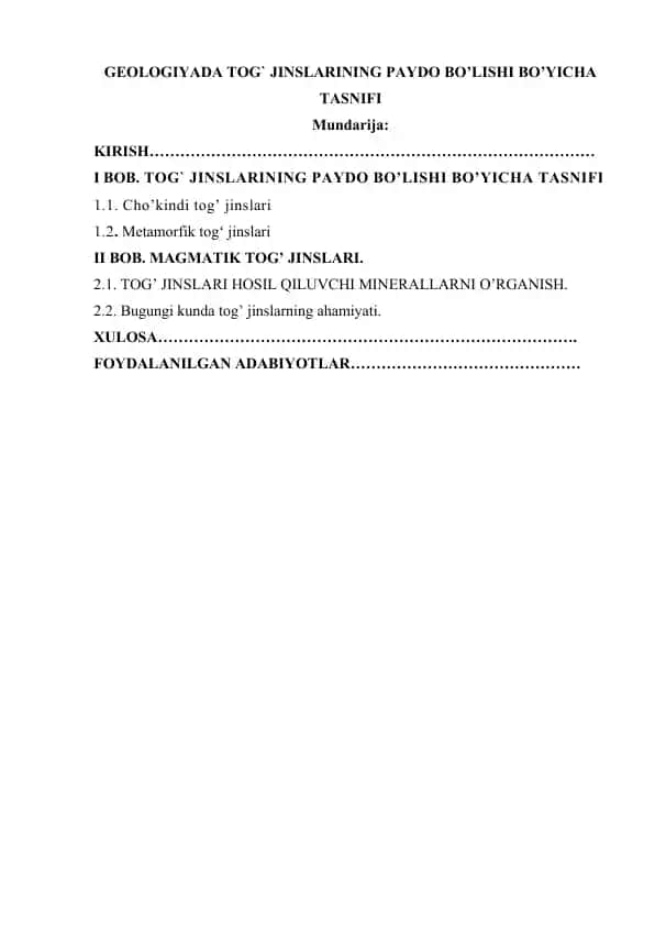 GEOLOGIYADA TOG` JINSLARINING PAYDO BO’LISHI BO’YICHA TASNIFI