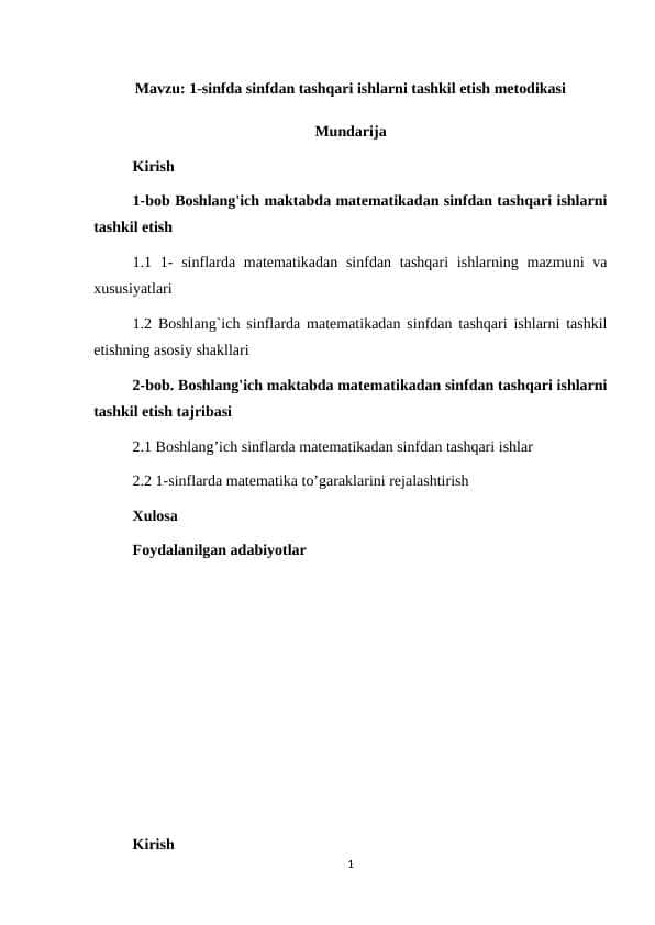 1-sinfda sinfdan tashqari ishlarni tashkil etish metodikasi