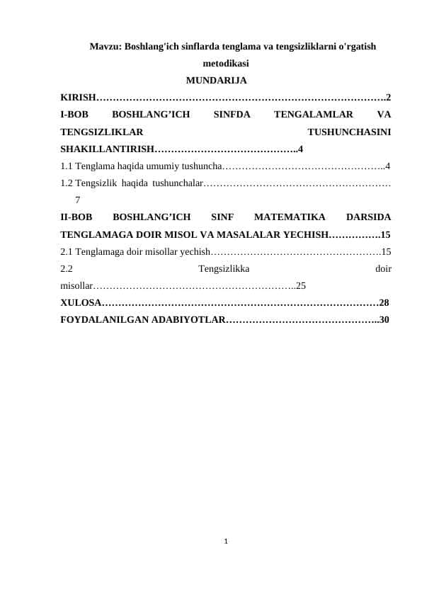 Boshlang'ich sinflarda tenglama va tengsizliklarni o'rgatish metodikasi