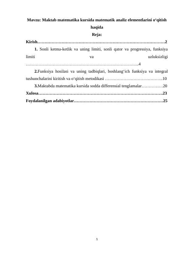 Maktab matematika kursida matematik analiz elementlarini o‘qitish haqida