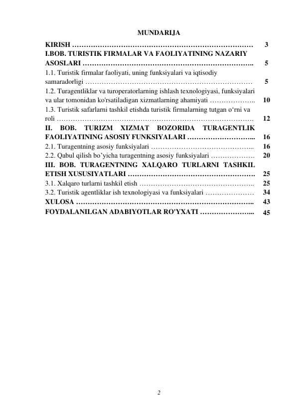 Turagent faoliyatining asosiy funksiyalari