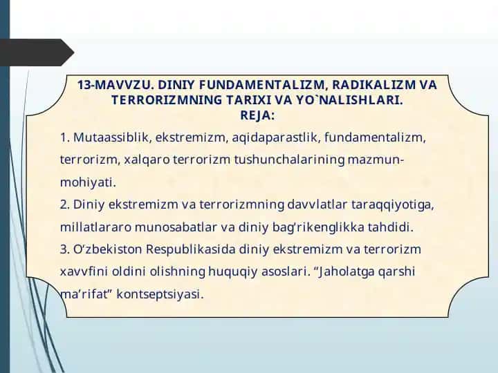 DINIY FUNDAMENTALIZM, RADIKALIZM VA TERRORIZMNING TARIXI VA YO`NALISHLARI