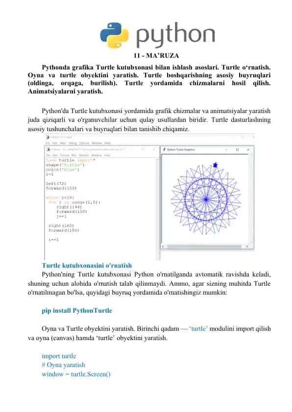 Pythonda grafika Turtle kutubxonasi bilan ishlash asoslari.
